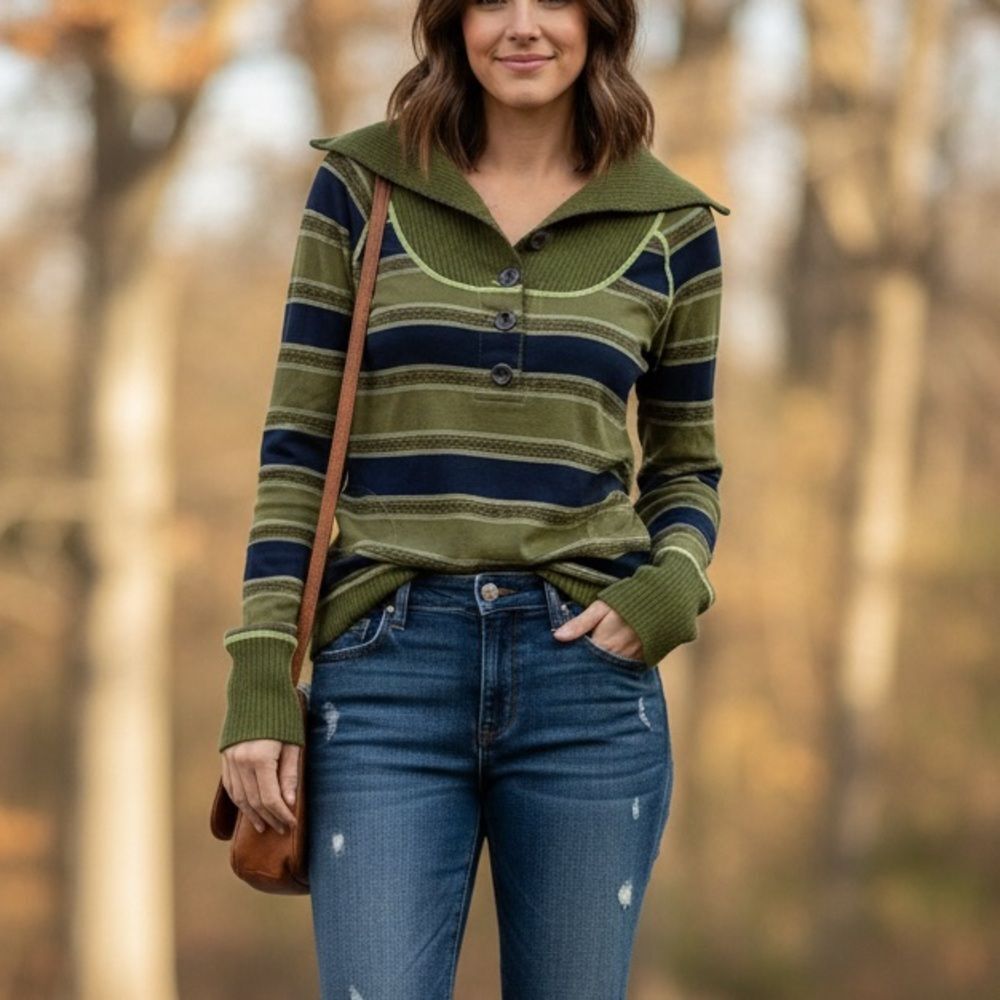 Free People Shawl Collar Green Striped Tunic Sweater M